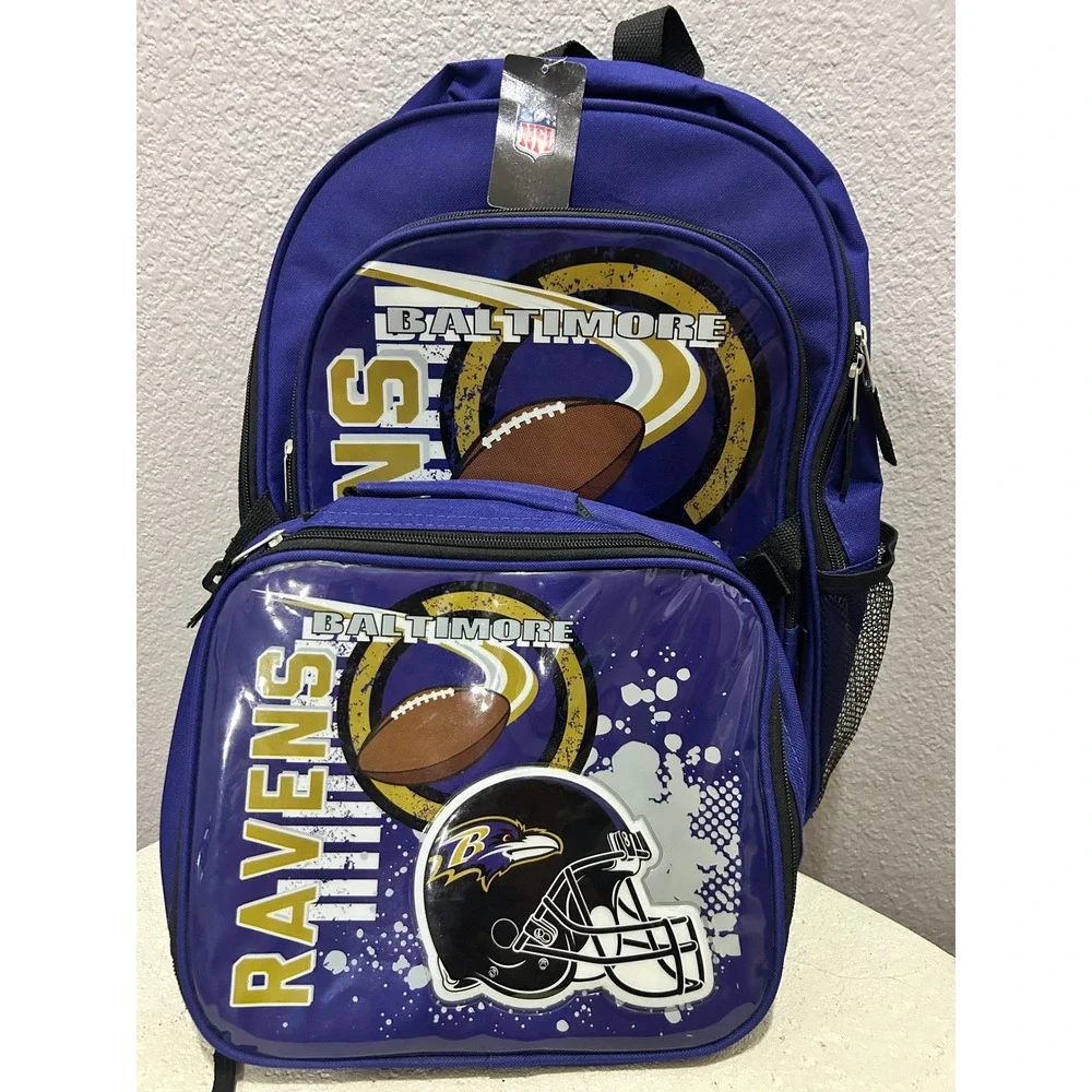 NFL Baltimore Ravens youth Backpack and Insulated Lunch Box Set Purple Gold New